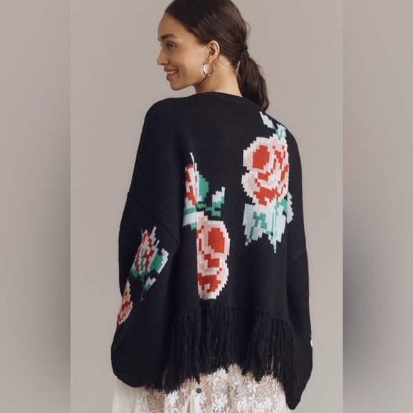 NWT Anthropologie Bel Kazan Fringe Floral Balloon Sleeve Cardigan Open Front OS - Picture 2 of 4